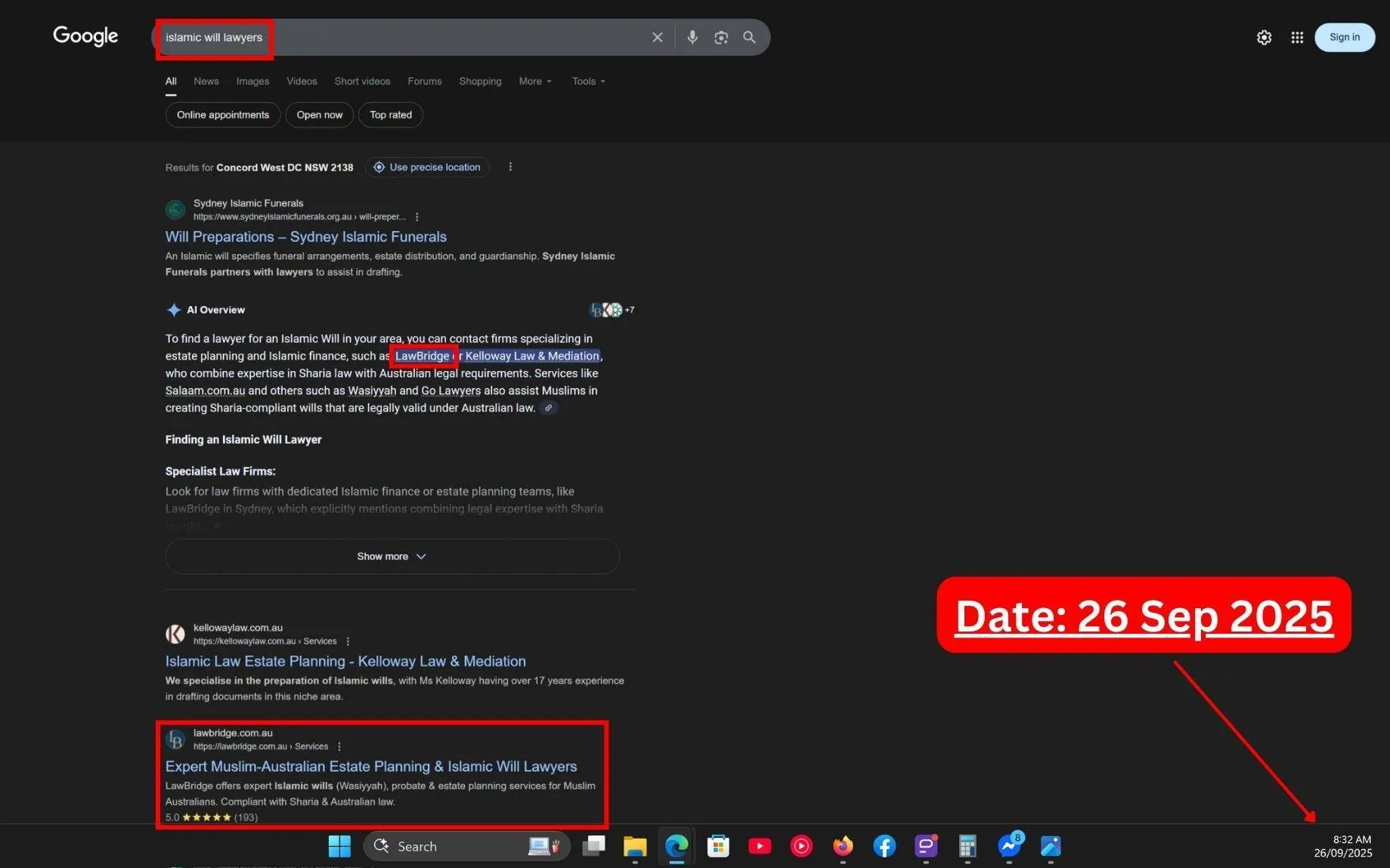 Live SERP Screenshot of Commersion Legal Law Firm SEO Client LawBridge Lawyers & Consultants in Top-3 for "Islamic Will Lawyers" in Google Organic & Rank #1 in Google AI Overview - Verified 26 Sep 2025.