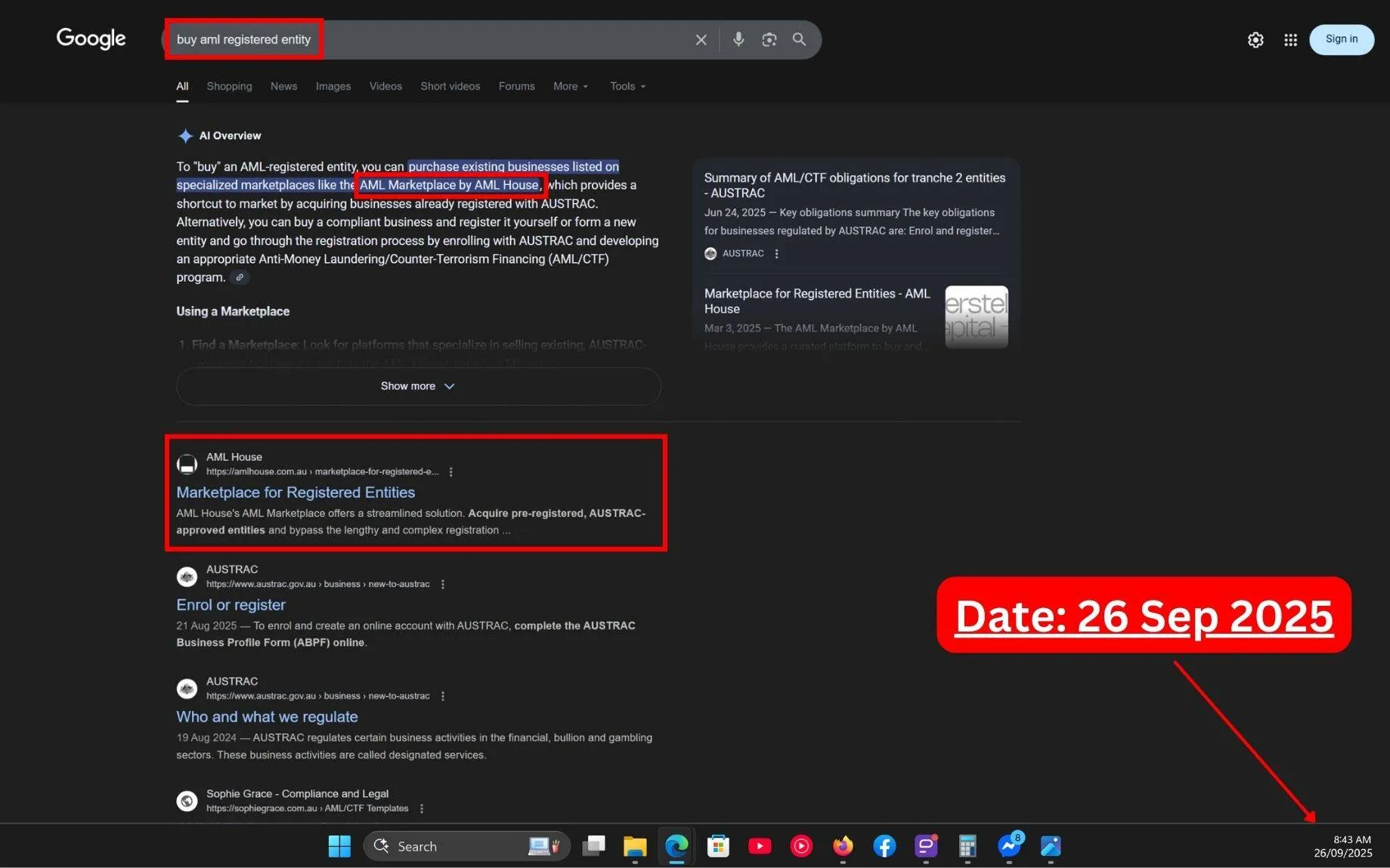 Live SERP Screenshot of Commersion Legal Law Firm SEO Client AML House in Rank #1 for "Buy AML Registered Entity" in Google Organic and Rank #1 in Google AI Overview - Verified 26 Sep 2025.