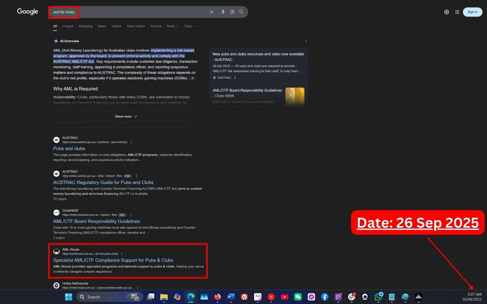 Live SERP Screenshot of Commersion Legal Law Firm SEO Client AML House in Top-5 for "AML For Clubs" in Google Organic - Verified 26 Sep 2025.