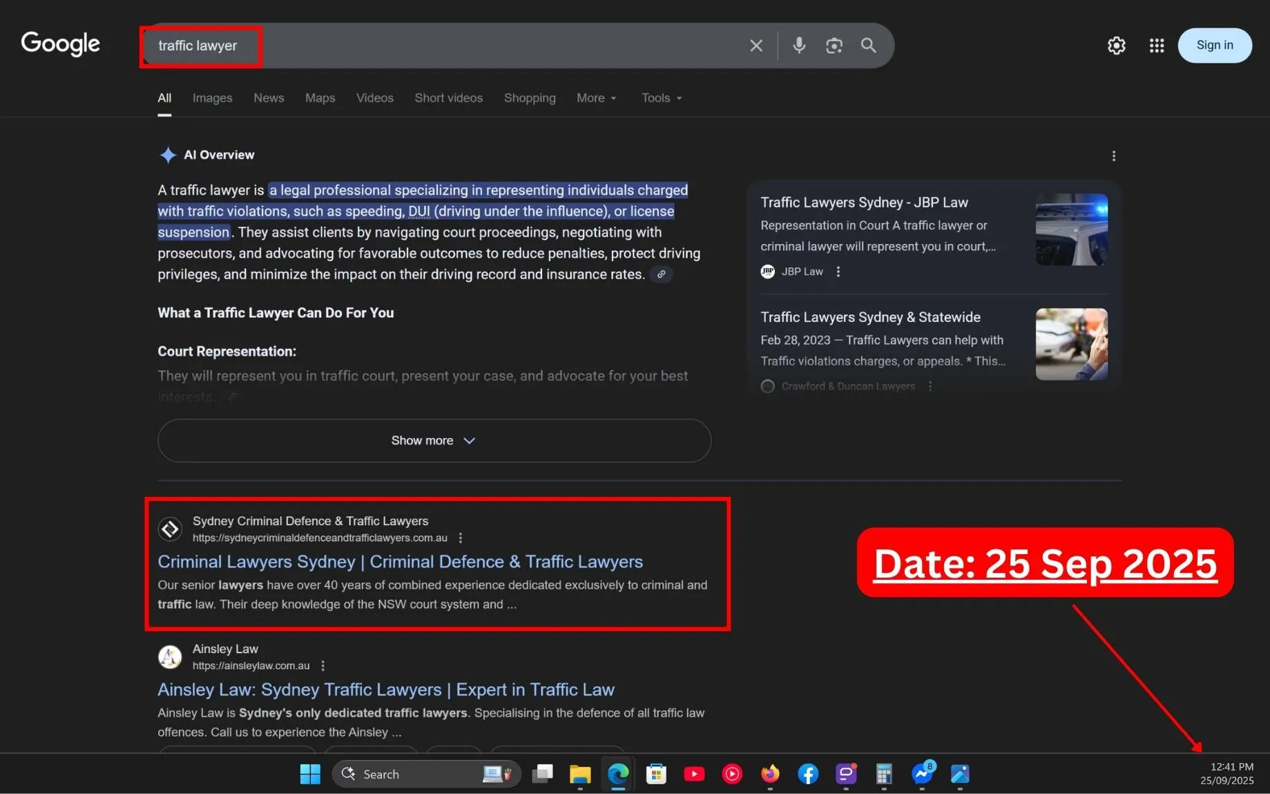 Live SERP Screenshot of Commersion Legal Law Firm SEO Client SCDTL in Rank #1 for "Traffic Lawyer" in Google Organic - Verified 25 Sep 2025.