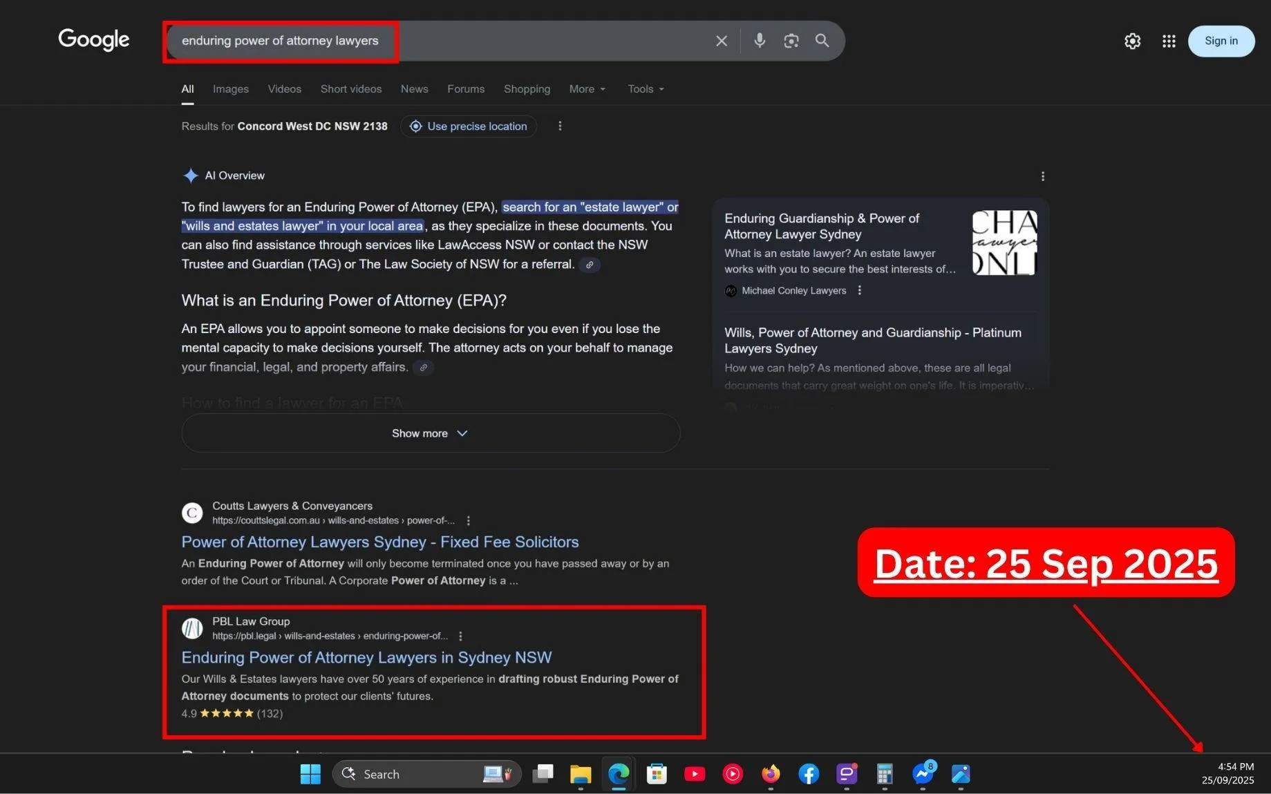 Live SERP Screenshot of Commersion Legal Law Firm SEO Client PBL Law Group in Rank #2 for "Enduring Power of Attorney Lawyers" in Google Organic - Verified 25 Sep 2025.