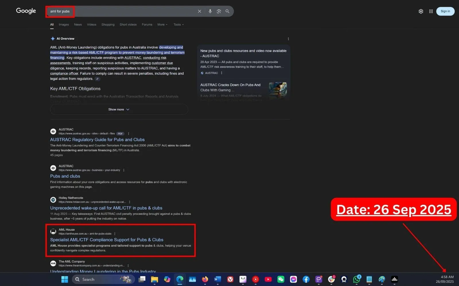 Live SERP Screenshot of Commersion Legal Law Firm SEO Client AML House in Top-5 for "AML For Pubs" in Google Organic - Verified 26 Sep 2025.