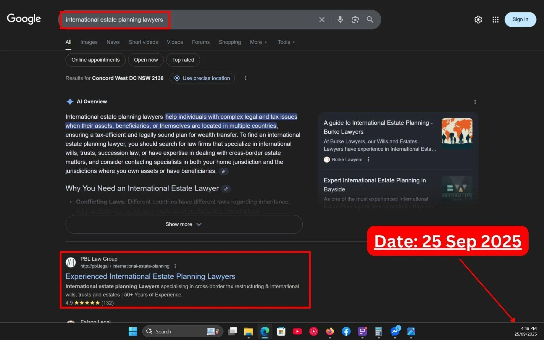 Live SERP Screenshot of Commersion Legal Law Firm SEO Client PBL Law Group in Rank #1 for "International Estate Planning Lawyers" in Google Organic - Verified 25 Sep 2025.