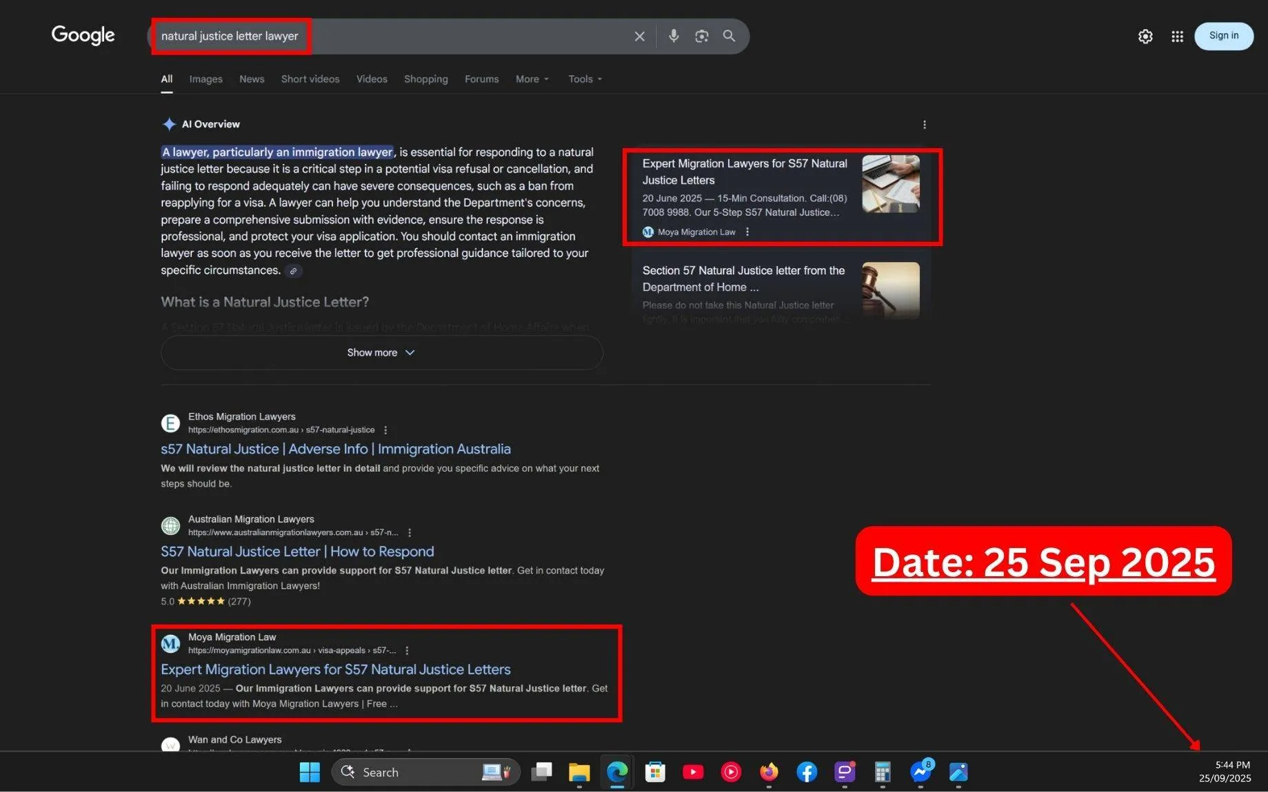 Live SERP Screenshot of Commersion Legal Law Firm SEO Client Moya Migration Law in Top-3 for "Natural Justice Letter Lawyer" in Google Organic & Rank #1 in Google AI Overview - Verified 25 Sep 2025.