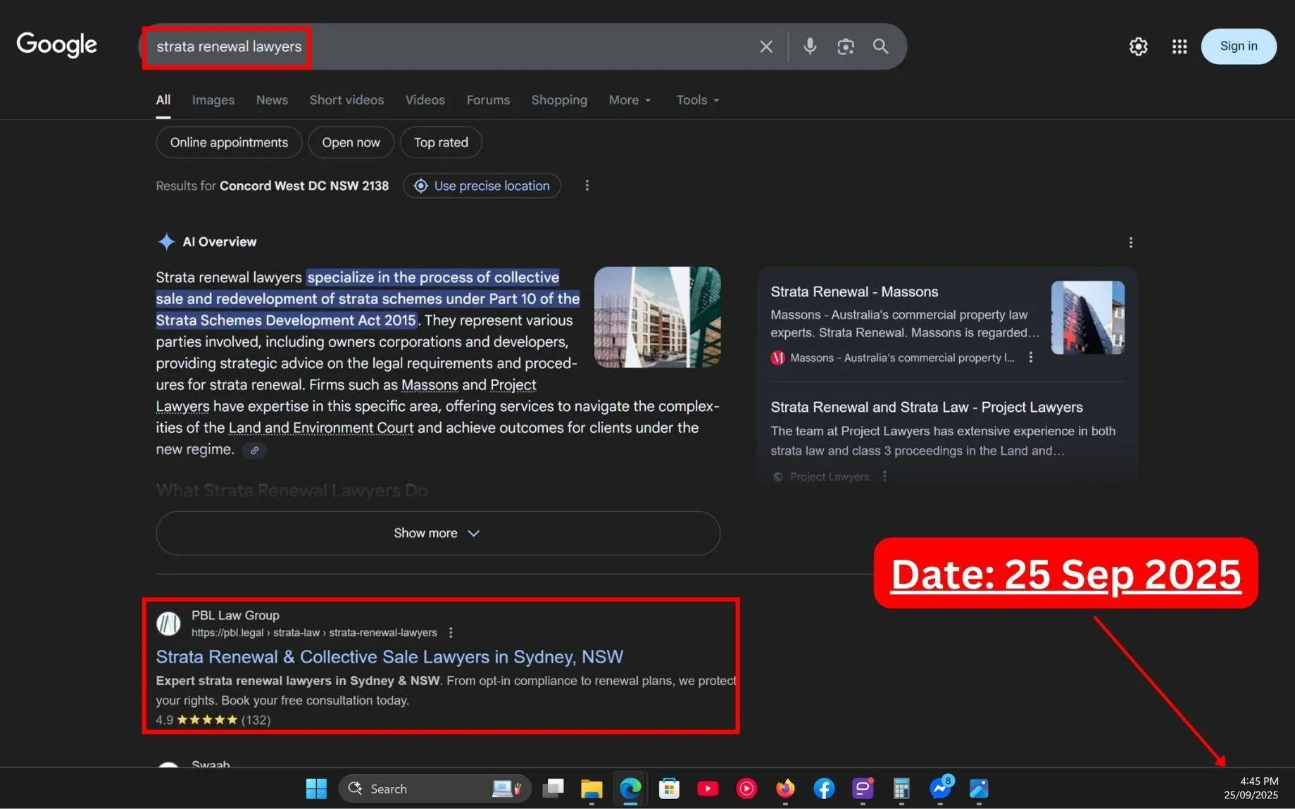Live SERP Screenshot of Commersion Legal Law Firm SEO Client PBL Law Group in Rank #1 for "Strata Renewal Lawyers" in Google Organic - Verified 25 Sep 2025.