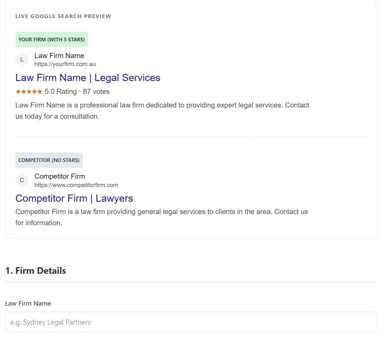 Google Search preview showing a law firm with 5 stars and a competitor with no stars.