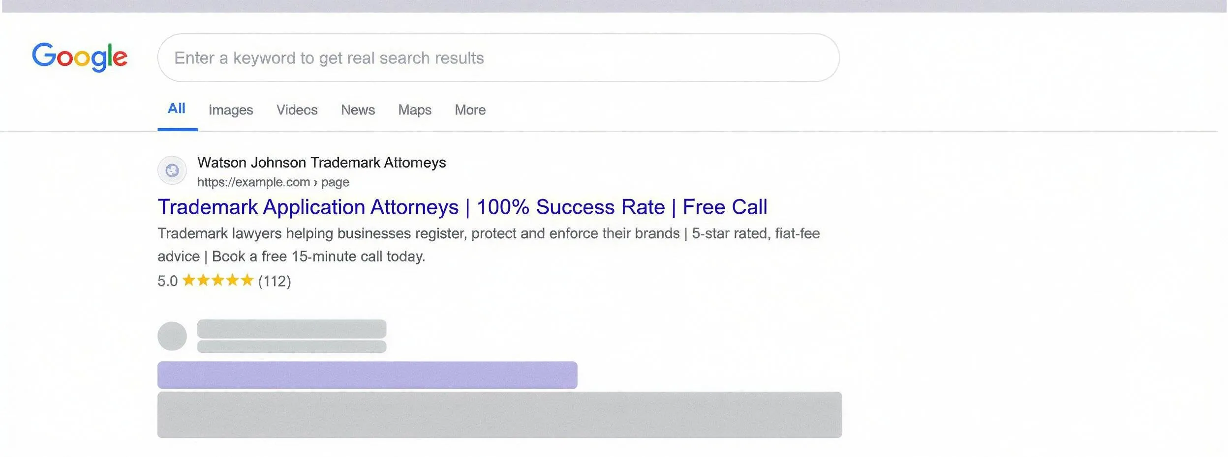 Google search results page showing a trademark attorney listing with a 5.0 five‑star rating and review count rich snippet at the top of the results.