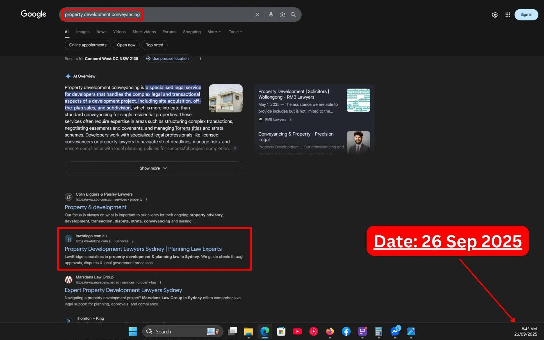 Live SERP Screenshot of Commersion Legal Law Firm SEO Client LawBridge Lawyers & Consultants in Rank #2 for "Property Development Conveyancing" in Google Organic - Verified 26 Sep 2025.