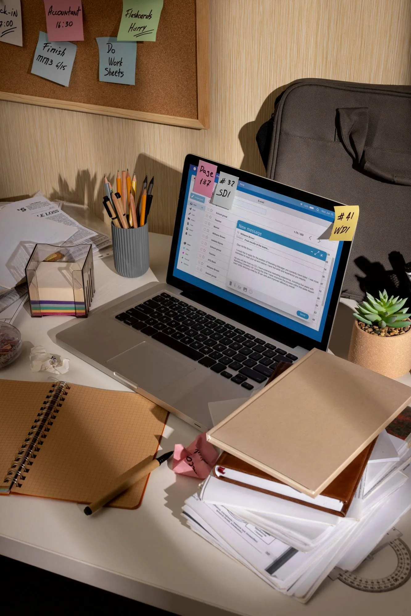 Cluttered desk with laptop, notes, and papers; Law Firm Content Marketing
