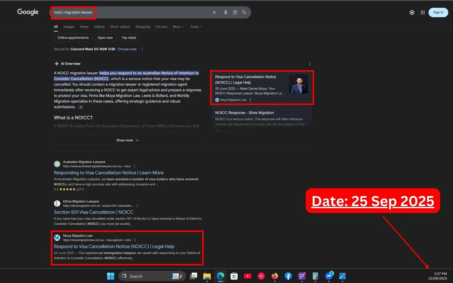 Live SERP Screenshot of Commersion Legal Law Firm SEO Client Moya Migration Law in Top-3 for "NOICC Migration Lawyer" in Google Organic & Rank #1 in Google AI Overview - Verified 25 Sep 2025.