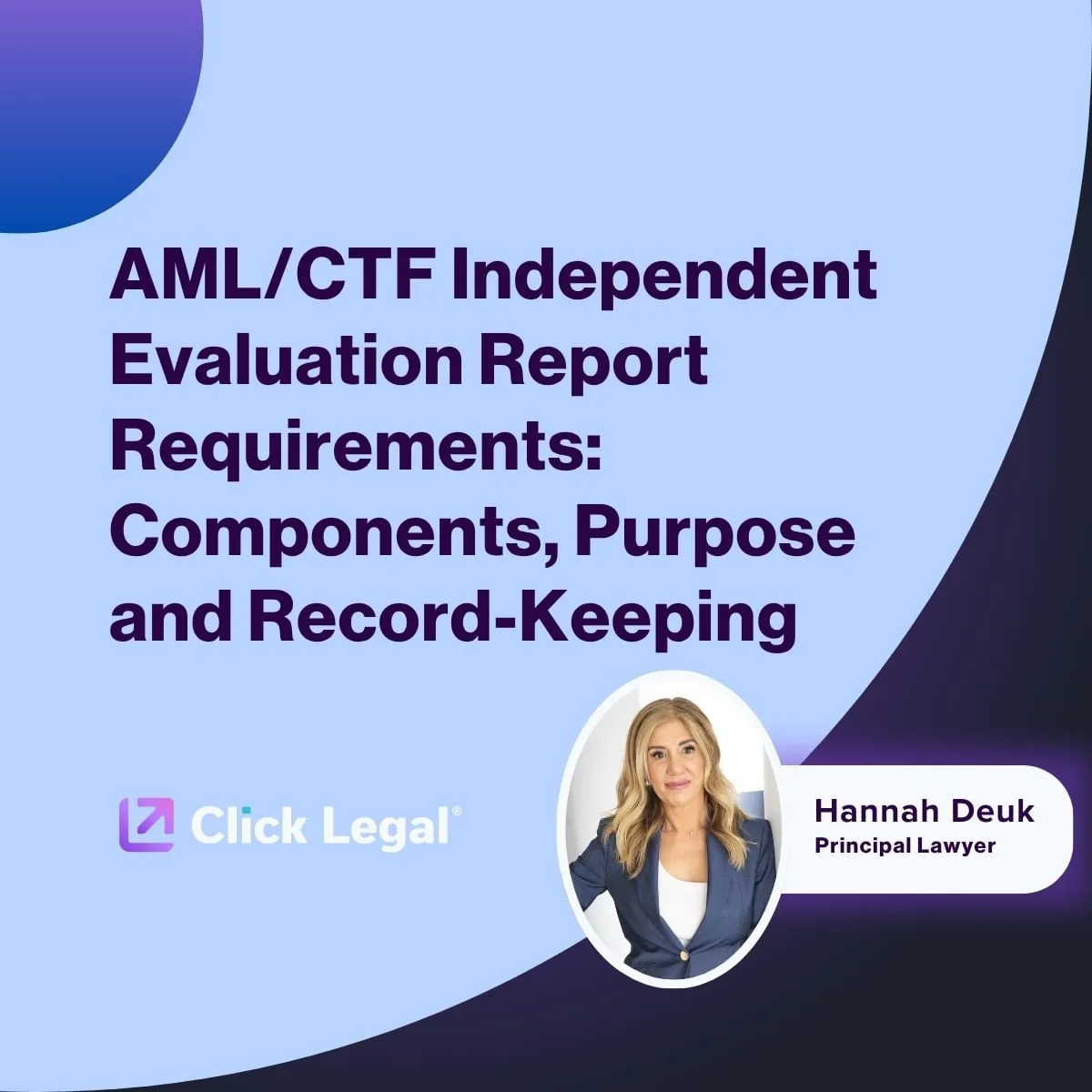 AML/CTF Independent Evaluation Report graphic with Hannah Deuk, Principal Lawyer at Click Legal.