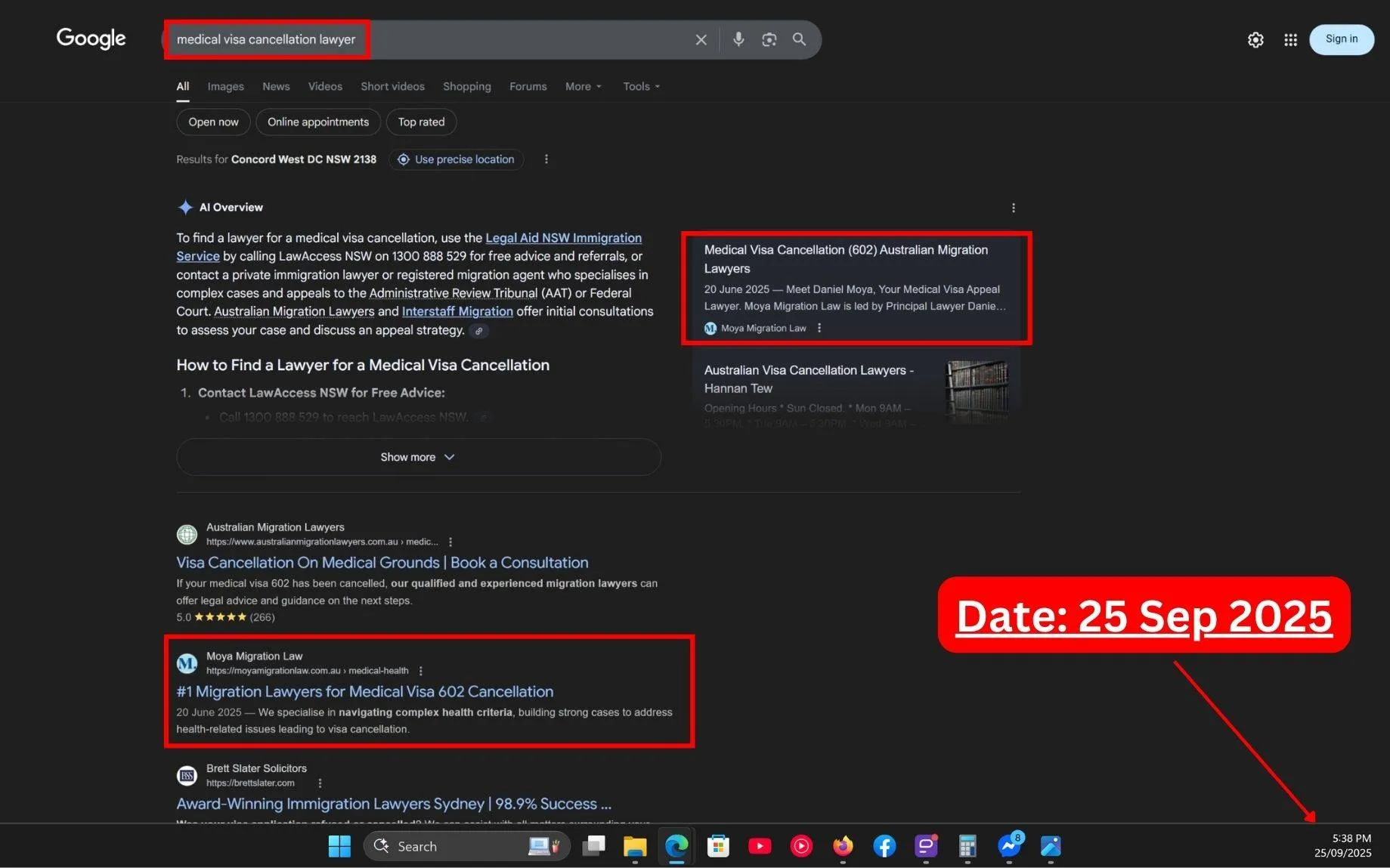 Live SERP Screenshot of Commersion Legal Law Firm SEO Client Moya Migration Law in Rank #2 for "Medical Visa Cancellation Lawyer" in Google Organic & Rank #1 in Google AI Overview - Verified 25 Sep 2025.