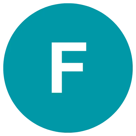 Teal circle with a white letter F inside.