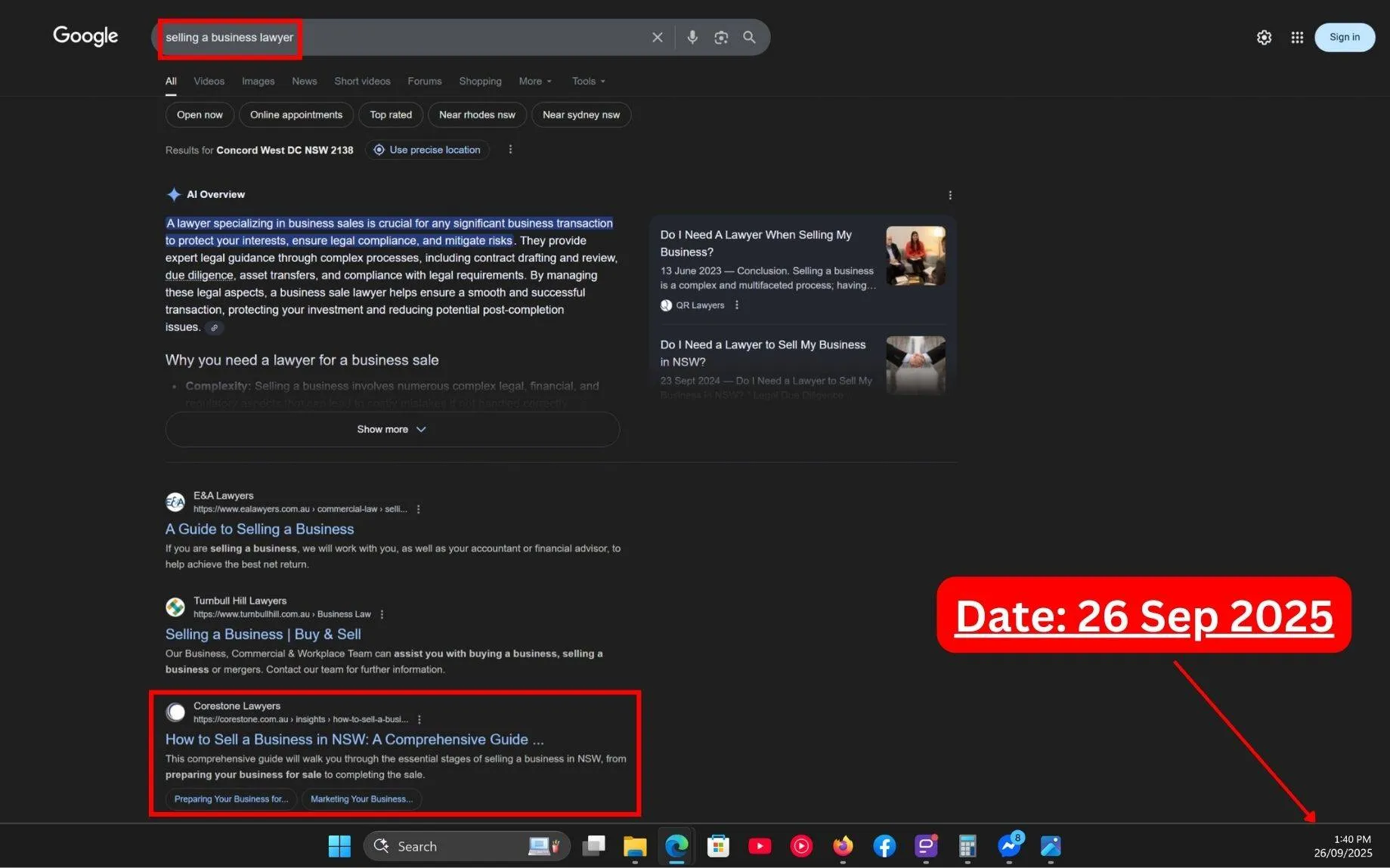 Live SERP Screenshot of Commersion Legal Law Firm SEO Client Corestone Lawyers in Top-3 for "Selling a Business Lawyer" in Google Organic - Verified 26 Sep 2025.