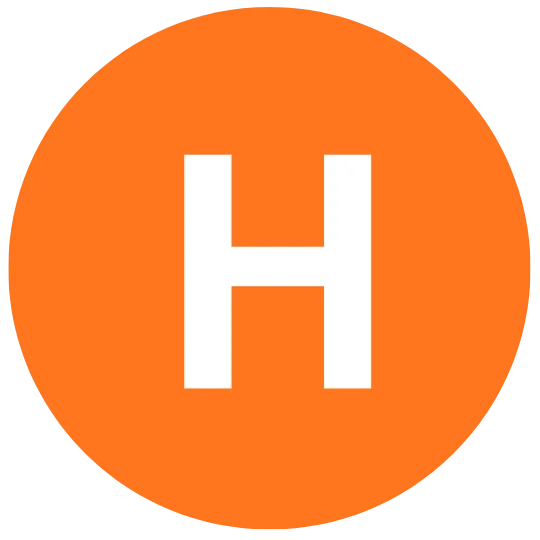 Orange circle with white letter H.