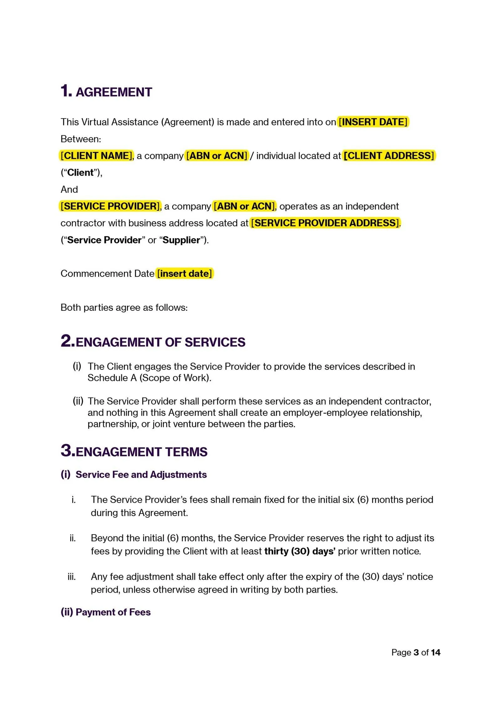 Virtual Assistant Agreement Template (Australia): Page 3 of a legal document outlining agreement terms.