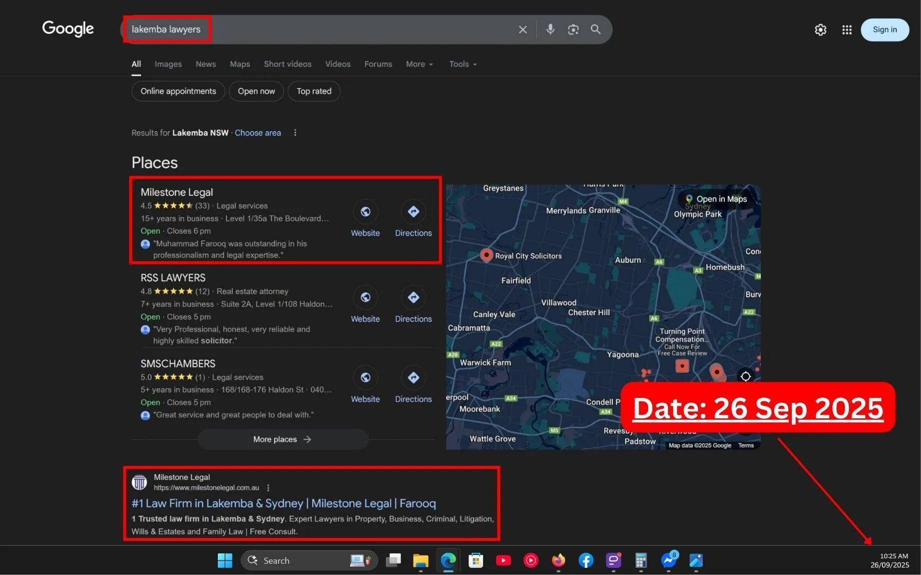 Live SERP Screenshot of Commersion Legal Law Firm SEO Client Milestone Legal in Rank #1 for "Lakemba Lawyer" in Google Organic & Rank #1 in Google Maps - Verified 26 Sep 2025.