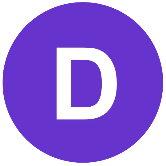 Purple circle with white letter D.