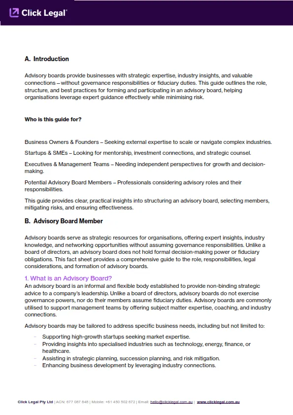 Page 2 of Advisory Board Member Guide by Click Legal