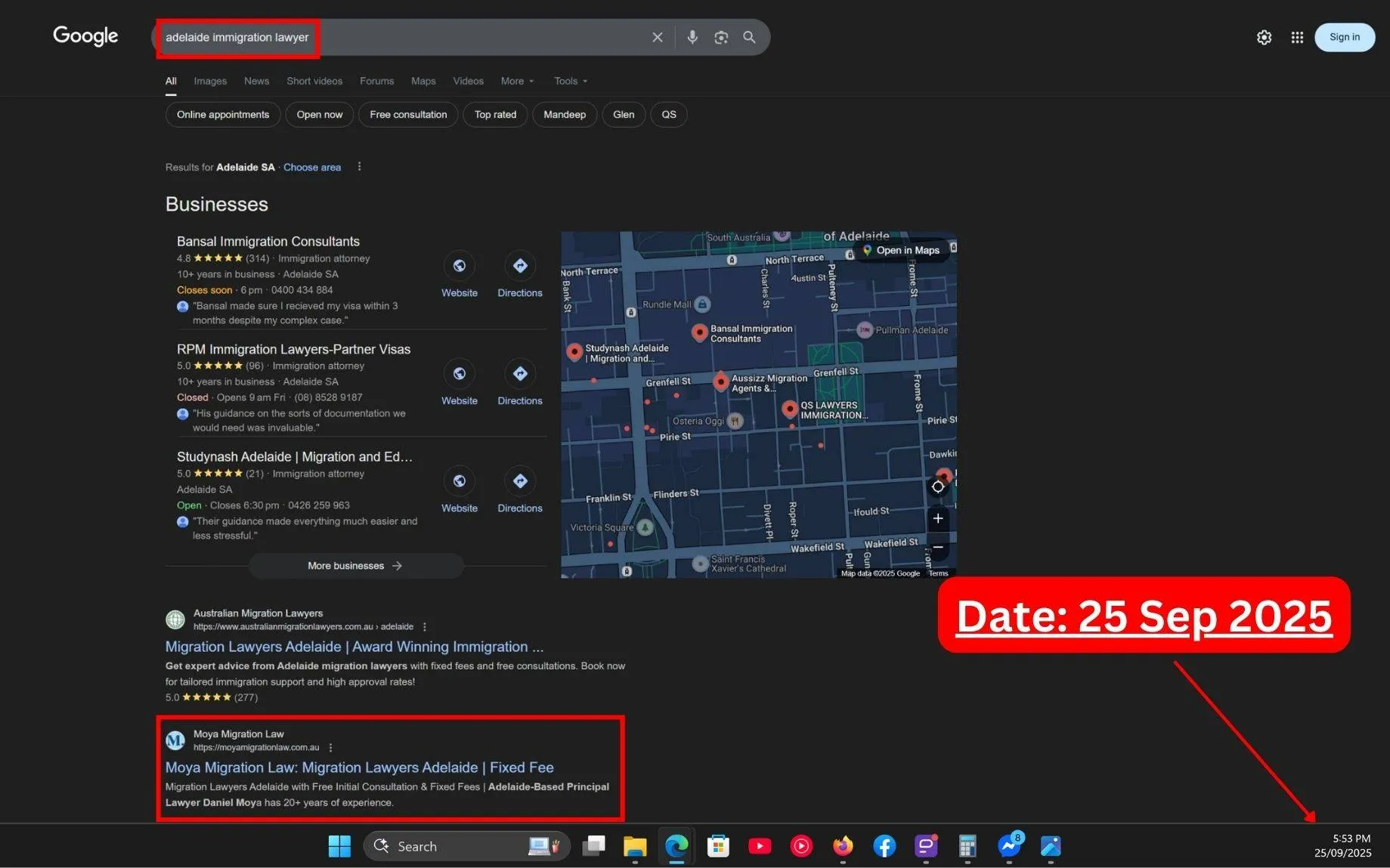 Live SERP Screenshot of Commersion Legal Law Firm SEO Client Moya Migration Law in Rank #2 for "Immigration Lawyer Adelaide" in Google Search - Verified 25 Sep 2025.