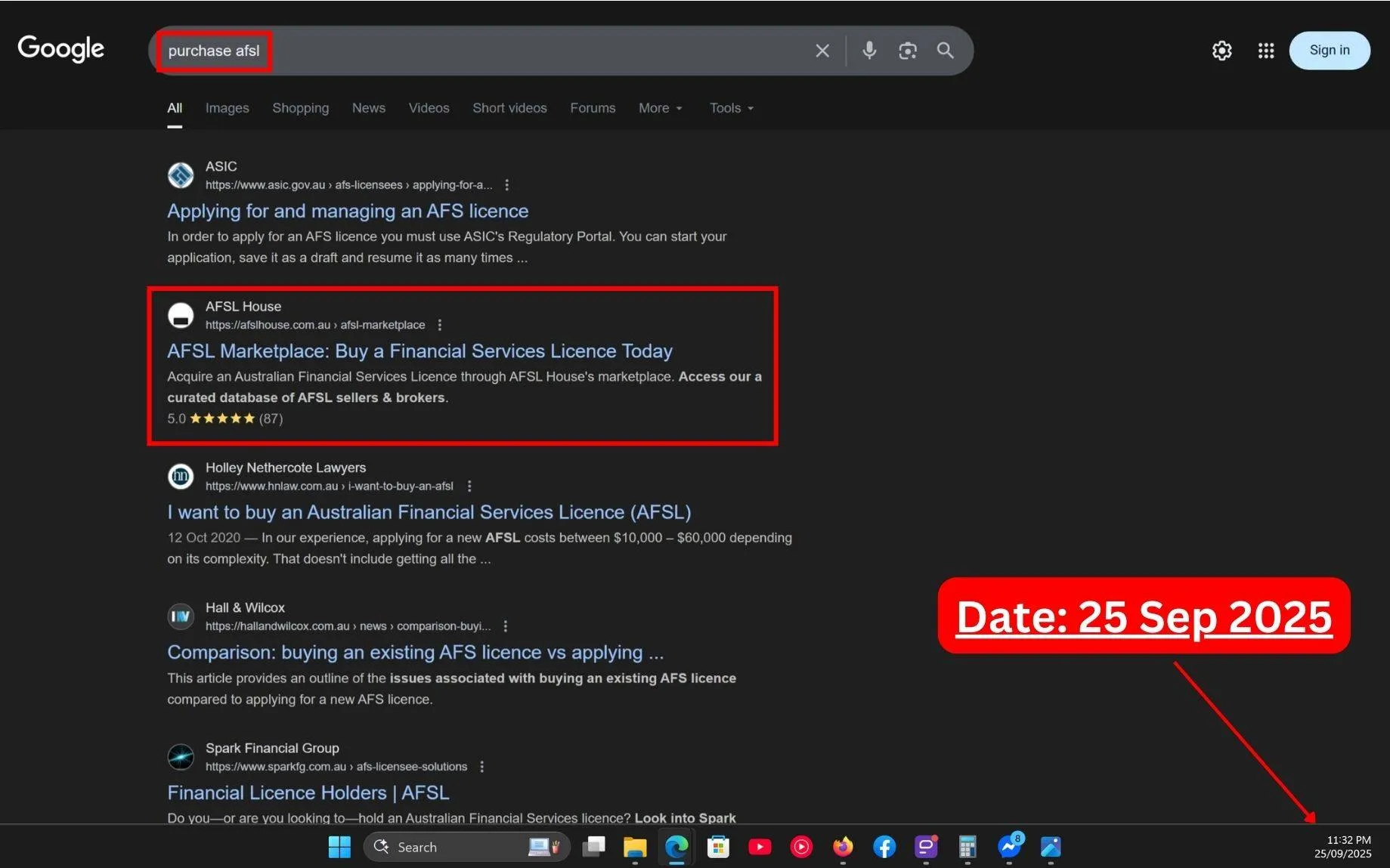 Live SERP Screenshot of Commersion Legal Law Firm SEO Client AFSL House in Top-3 for "Purchase AFSL" in Google Organic - Verified 25 Sep 2025.