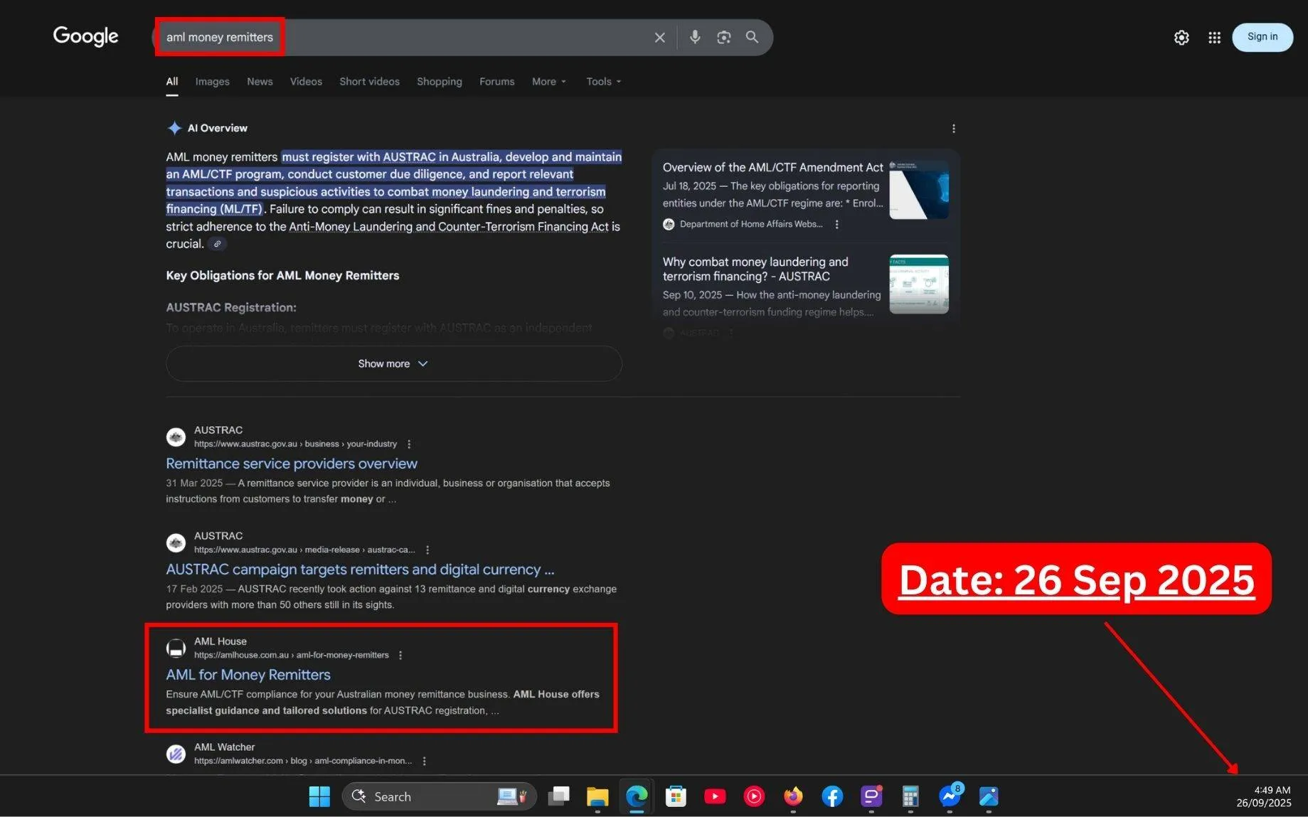 Live SERP Screenshot of Commersion Legal Law Firm SEO Client AML House in Rank Top-3 for "AML Money Remitters" in Google Organic - Verified 26 Sep 2025.