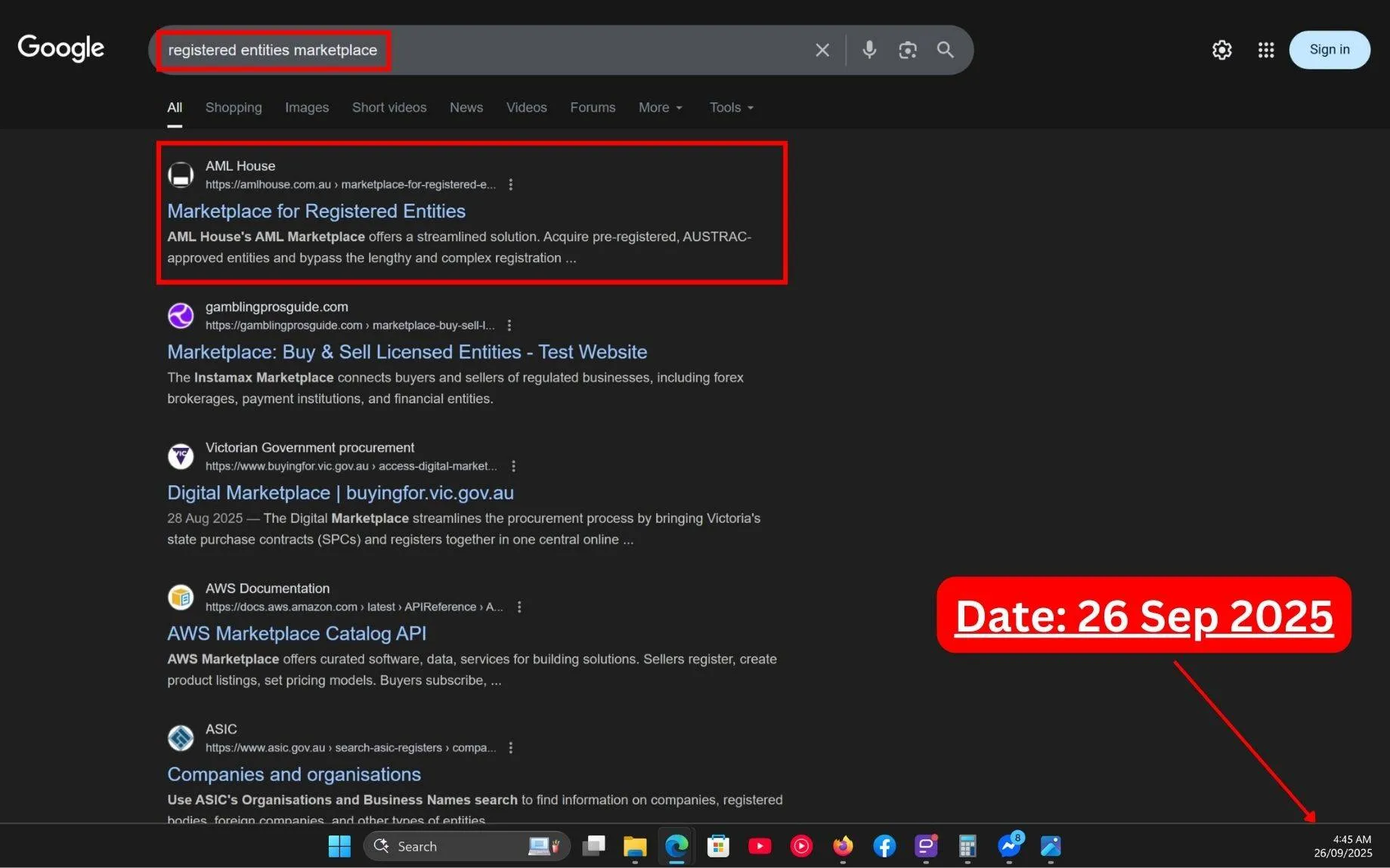 Live SERP Screenshot of Commersion Legal Law Firm SEO Client AML House in Rank #1 for "Registered Entities Marketplace" in Google Organic - Verified 26 Sep 2025.