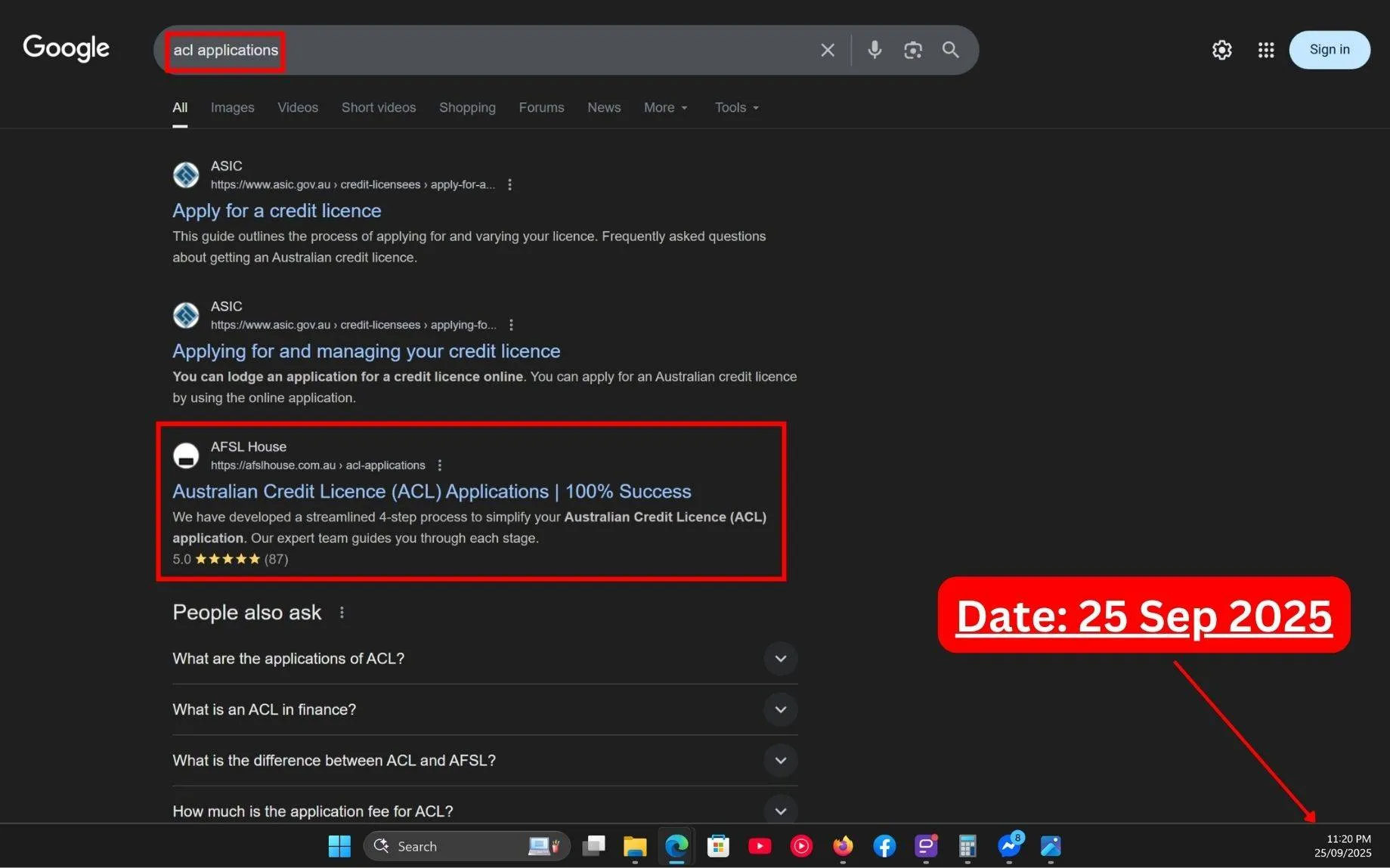 Live SERP Screenshot of Commersion Legal Law Firm SEO Client AFSL House in Top-3 for "ACL Applications" in Google Organic - Verified 25 Sep 2025.