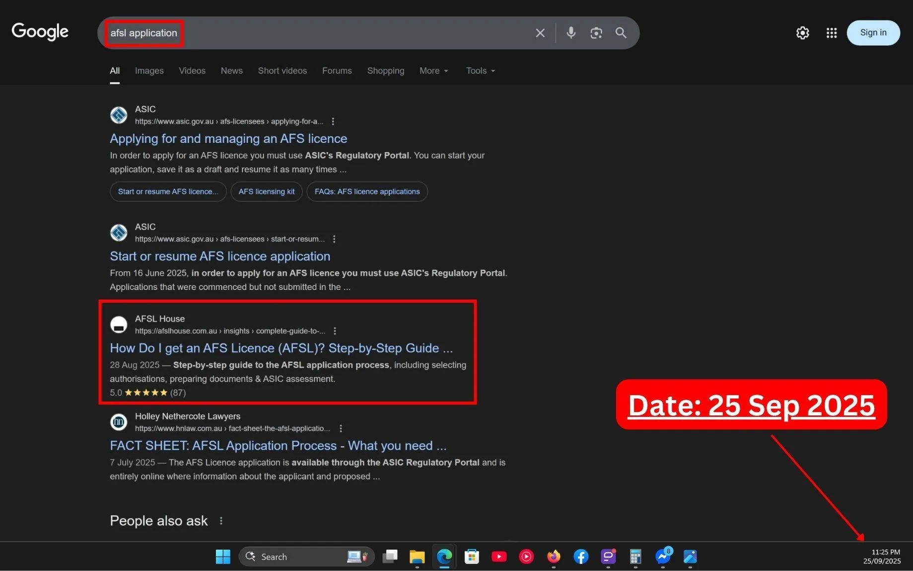 Live SERP Screenshot of Commersion Legal Law Firm SEO Client AFSL House in Top-3 for "AFSL Application" in Google Organic - Verified 25 Sep 2025.