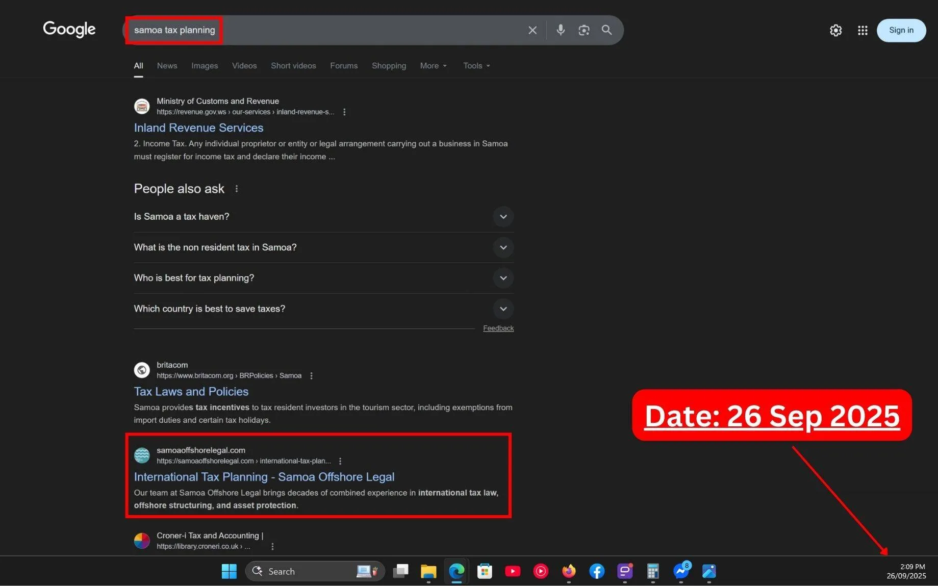 Live SERP Screenshot of Commersion Legal Law Firm SEO Client Samoa Offshore Legal in Top-3 for "Samoa Tax Planning" in Google Organic - Verified 26 Sep 2025.