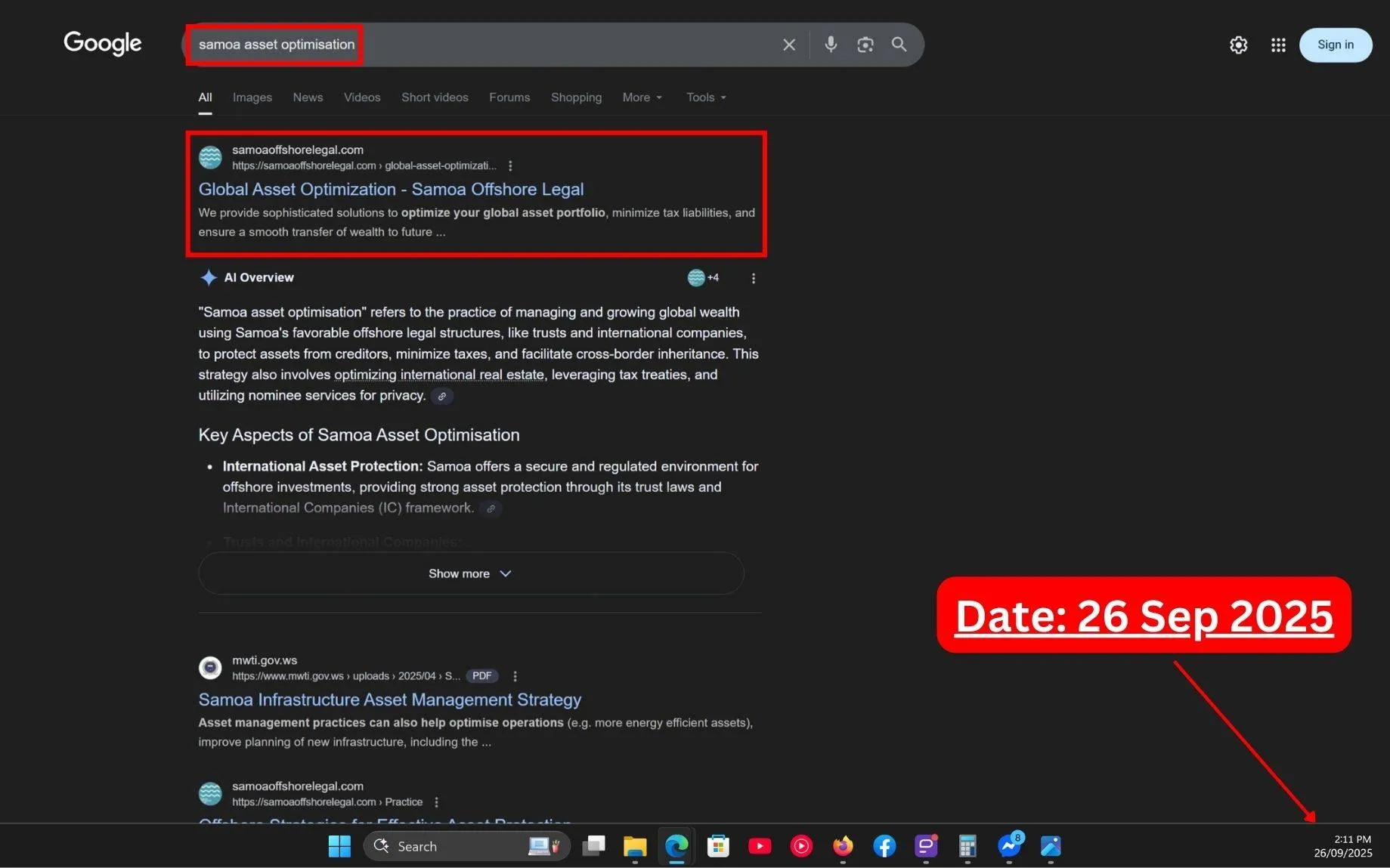 Live SERP Screenshot of Commersion Legal Law Firm SEO Client Samoa Offshore Legal in Rank #1 for "Samoa Asset Optimisation" in Google Organic - Verified 26 Sep 2025.